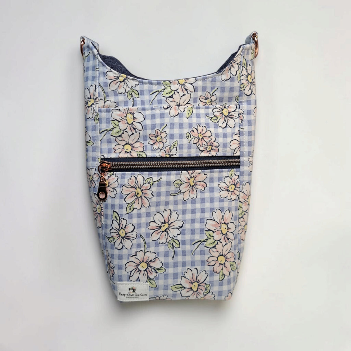 Water Bottle Blue Gingham & Pink Flowers