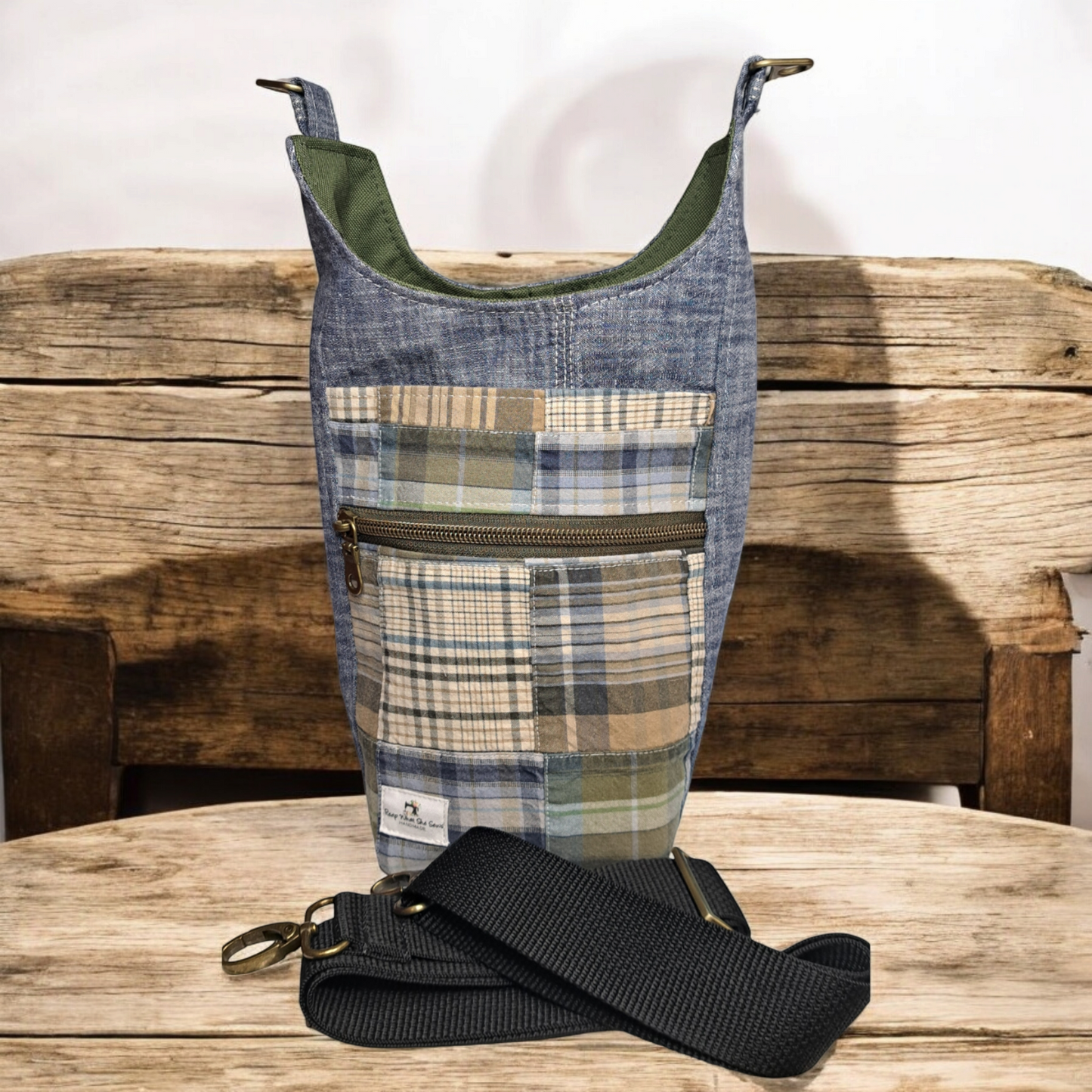 Green Plaid & Denim  Waterbottle Bag