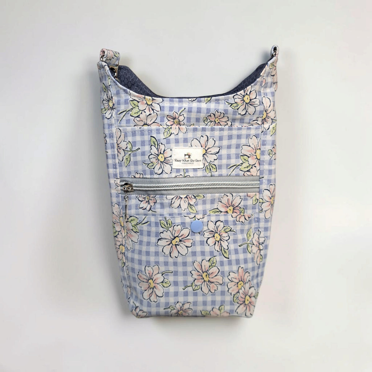 Water Bottle Blue Gingham & Pink Flowers
