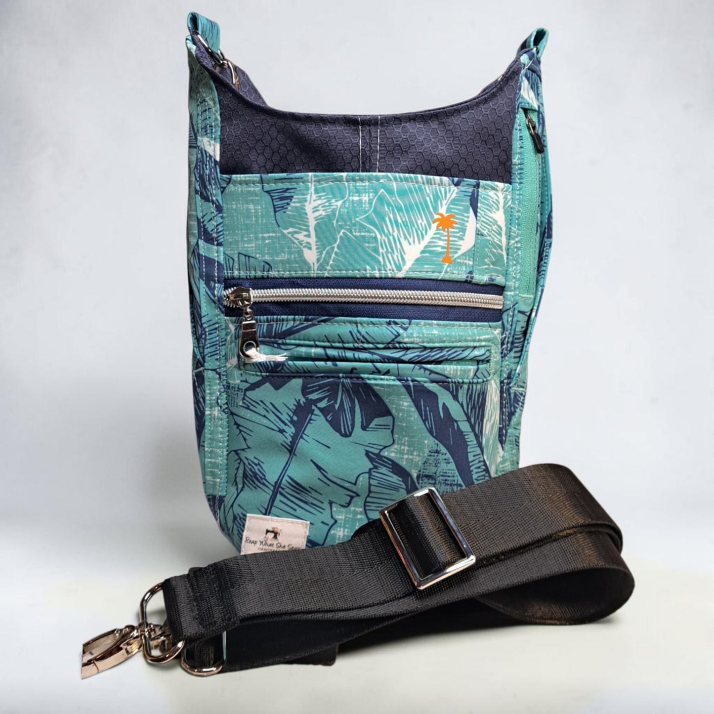 Water Bottle Bag Teal Blue Palm Leaves