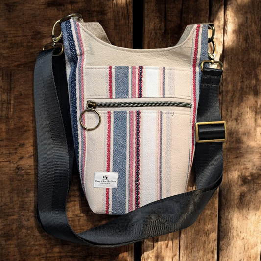 Red White & Blue linen Striped  Waterbottle bag