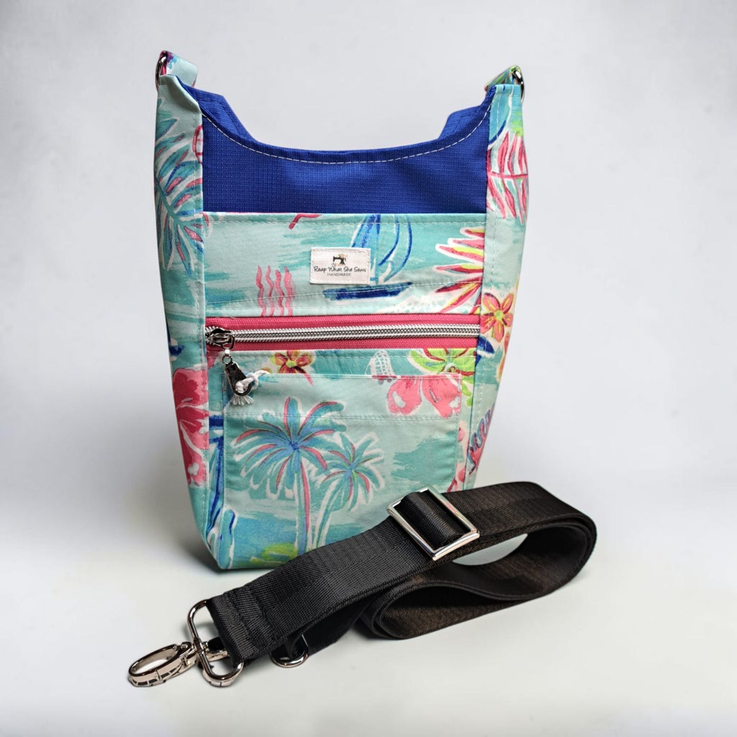 Water Bottle Bag Teal, Palm Trees & Hibiscus
