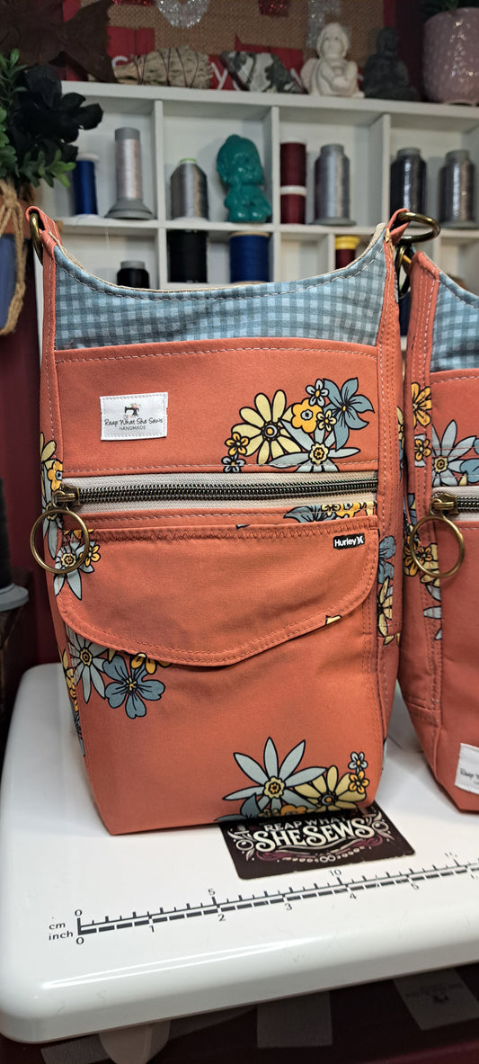 Water Bottle Bag Tan & Teal Yellow Daises